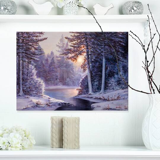 Designart - Winter Forest with the River in Frosty Day
